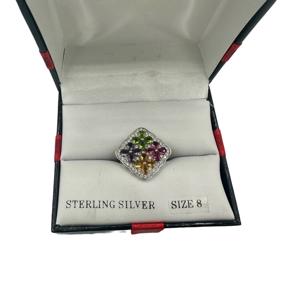 Synthetic Multi-Stone & Cubic Zirconia‎ Cluster Ring in Sterling Silver Size 8